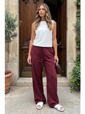Bordo Beli Büzgülü Wide Leg Kumaş Pantolon MG1950