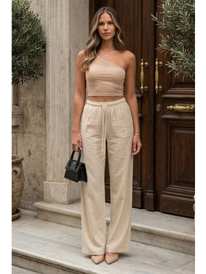 Madmext Bej Beli Büzgülü Wide Leg Kumaş Pantolon MG1950