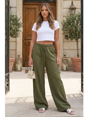 Haki Beli Büzgülü Wide Leg Kumaş Pantolon MG1950