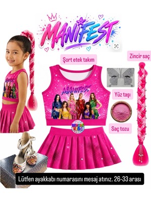 Bemora Kids Manifest Şort Etek Üst Büstiyer Örgü Zincirli Pembe Renk Saç Manifest Aksesuar Seti Pembe Saç Tozu - Yüz Taşı - Manifest Topuklu Ayakkabı Seti