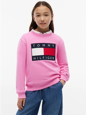 Tommy Hilfiger Pembe Kız Çocuk Regular Fit Baskılı Sweatshirt KS0KS00709-HERITAGE Flag Sweatshırt