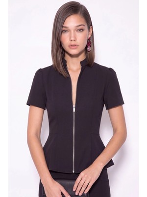 Cemo Fermuarlı Peplum Bluz Kısa Kollu Bel Oturtmalı Şık Tasarım