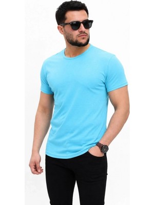 Hace Bazaar Erkek Basic Tişört Bisiklet Yaka Kısa Kol Günlük Yazlık Slim Fit T-Shirt - Açık Mavi