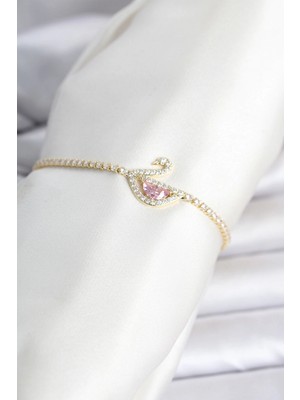 Hace Bazaar Pirinç Gold Renk Zirkon Taşlı Swan Model Su Yolu Kadın Bileklik