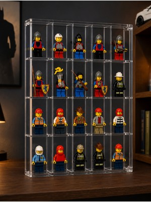 Mazeron Reklam 20 Bölmeli LEGO Minifigür Kapaklı Pleksi Sergileme Duvar Rafı