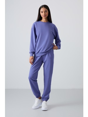 Tommy Life Eflatun Basic Pamuklu O Yaka Oversize Lastik Paça Kadın Eşofman Takım - 95287