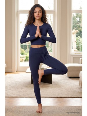 İndigo Yüksek Bel Uzun Kollu Slim Fit Crop Top Kadın Tayt Takım - 95286