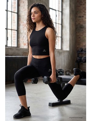 Siyah Yüksek Bel Kapri-Crop Atlet Slim Fit Kadın Tayt Takım - 95284