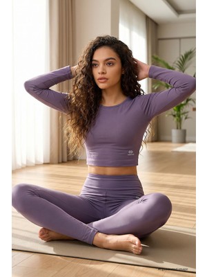 Tommy Life Eflatun Yüksek Bel Uzun Kollu Slim Fit Crop Top Kadın Tayt Takım - 95286