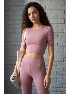 Gül Kurusu Yüksek Bel Kapri-Crop T-Shirt Slim Fit Kadın Tayt Takım - 95285