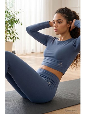 Tommy Life Petrol Yüksek Bel Uzun Kollu Slim Fit Crop Top Kadın Tayt Takım - 95286