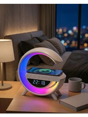 Kablosuz Şarjlı LED Işıklı Masa Saati Bluetooth Hoparlör Alarm Fonksiyonlu