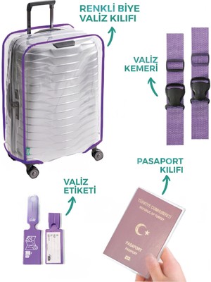 Trink Çanta Şeffaf Valiz Kılıfı Seti (Valiz Kılıfı-Valiz Kemeri-Valiz Etiketi-Pasaport Kılıfı) * Lila Biye *