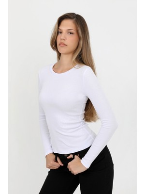 Hdm Kadın Beyaz Uzun Kollu Fitilli Bisiklet Yaka Basic Tişört - H6161