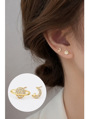Trend Collection Kadın Gold Ay Yıldız ve Gezegen Figürlü Minimal Taşlı Küpe