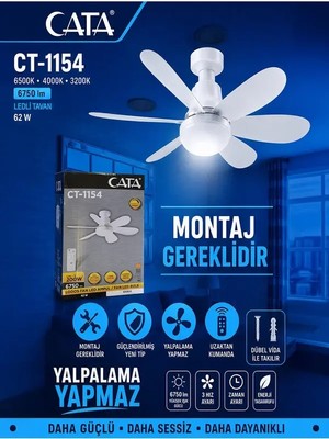 Cata CT-1154 Lodos 62W Vantilator LED Ampul 3 Renk Dimmerli ( Kumandali -Tavan Montajli)