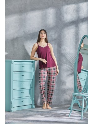 Lilac Çoban Dikiş Detaylı Ekose Pijama Takımı