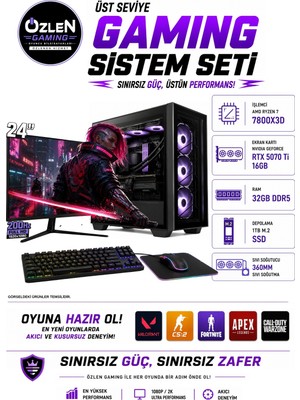Özlen XXL2 RYZEN 7 7800X3D RTX 5070Tİ 16GB 32GB DDR5 Ram 1TB M.2 SSD 24'' Full Hd 200Hz Üst Seviye Oyuncu