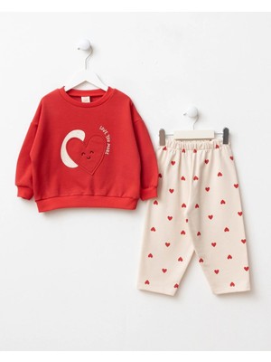 Magu Çocuk Pamuklu Kalp Detaylı Kırmızı Sweatshirt ve Kalp Desenli Eşofman Takımı