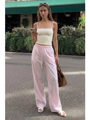 Madmext Pembe Beli Ayarlanabilir Bol Paça Dökümlü Çizgili Pantolon MG2087