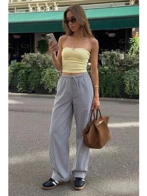 Madmext Siyah Beli Ayarlanabilir Bol Paça Dökümlü Çizgili Pantolon MG2087