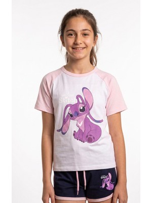 Vaxy Style Stitch Baskılı Çocuk Takım Karakterli Kısa Kollu Tişört Şort Pembe Lacivert Pamuklu Yazlık Takım
