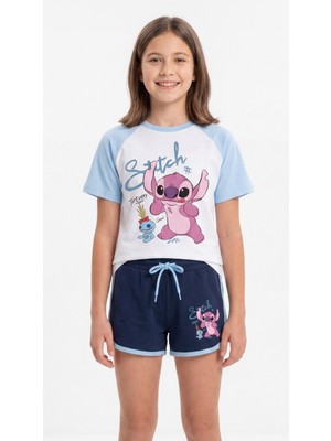 Vaxy Style Stitch Baskılı Çocuk Takım Karakterli Kısa Kollu Tişört Şort Takım Lacivert Mavi