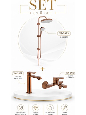 Valtemo Valentını + Bıgart 3'lü Lavabo, Banyo ve Robot Duş Seti - Fırçalı Bronz