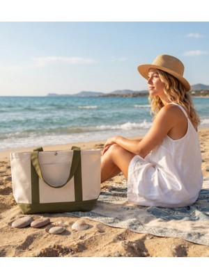 Anera Towel Naturel Haki Kontrast Renkli %100 Pamuklu Kanvas Çıtçıtlı Plaj Çantası Omuz Çantası El Çantası