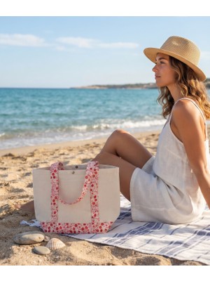 Anera Towel Naturel Çiçek Desen Kontrast Renkli %100 Pamuklu Kanvas Çıtçıtlı Plaj Çantası Omuz Çantası El Çantası