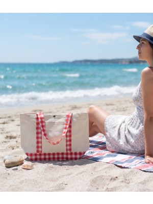 Anera Towel Naturel Kırmızı Pöti Kare Kontrast Renkli %100 Pamuklu Kanvas Çıtçıtlı Plaj Çantası Omuz Çantası El Çantası