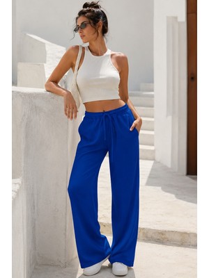 Madmext Saks Krinkıl Kumaş Basic Kadın Plaj Pantolon MG1778