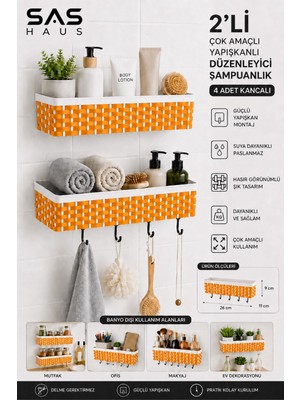 SAS HAUS 2’li Beyaz Siyah Hasır Görünümlü Yapışkanlı Banyo Rafı 4 Kancalı Plastik Duş Şampuanlık Organizer