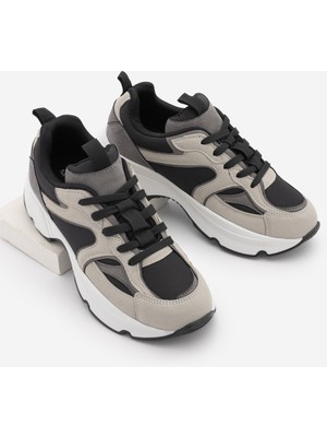 Marjin Kadın Sneaker Yüksek Kalın Taban Çok Parçalı Bağcıklı Spor Ayakkabı Merita Gri Süet