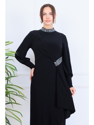 Elben Moda_melisa Bel/yakası Taş ve Önünde Sarkaç Detaylı Tesettür Abiye Elbise