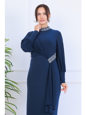Elben Moda_melisa Bel/yakası Taş ve Önünde Sarkaç Detaylı Tesettür Abiye Elbise
