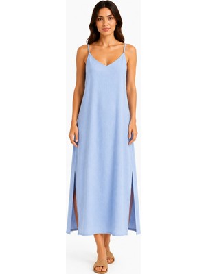 Moda Ince Askılı V Yaka Yırtmaçlı Maxi Elbise