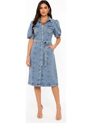 Moda Açık Mavi Kemerli Denim Gömlek Elbise Balon Kollu Midi Boy