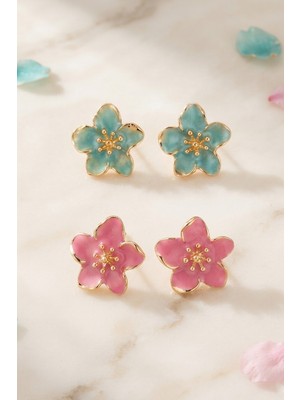 Aurrari Su Yeşili ve Pembe Sakura Çiçek 2'li Set Küpe