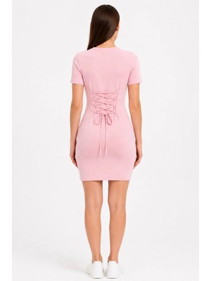 Moda Sırtı Bağcık Detaylı Bisiklet Yaka Mini Elbise