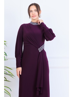 Elben Moda_melisa Bel/yakası Taş ve Önünde Sarkaç Detaylı Tesettür Abiye Elbise