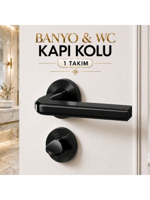 Badem10 (1 Takım) Nisa Siyah Renk Yuvarlak Rozetli Banyo Wc Tuvalet Kapı Kolu Sağa ve Sola Uygun