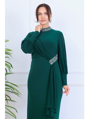 Elben Moda_melisa Bel/yakası Taş ve Önünde Sarkaç Detaylı Tesettür Abiye Elbise