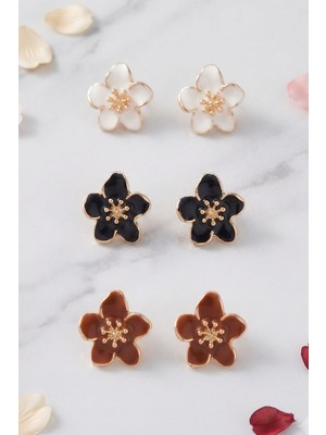 Aurrari Siyah Beyaz Kahverengi Sakura Çiçek 3'lü Set Küpe