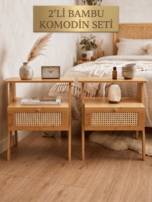 Robin Home Doğal Bambu 2'li Komodin Seti Tek Çekmeceli Dekoratif Yan Başucu Sephası Plastik Hazeran Kapaklı