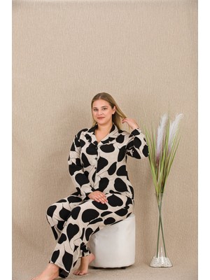 Hace Bazaar Marsilyan- Büyük Beden Siyah Beyaz Kalp Desenli Düğmeli Uzun Kol Viskon Pijama Takımı