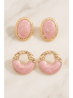 Aurrari Pembe 2'li Delikli ve Elips Vintage Küpe Seti