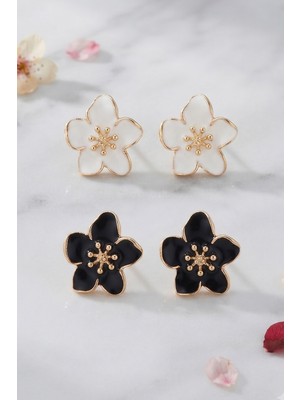 Aurrari Siyah ve Beyaz Sakura Çiçek 2'li Set Küpe