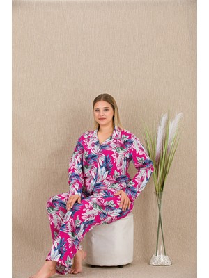 Hace Bazaar Marsilyan- Büyük Beden Renkli Yaprak Desenli Düğmeli Uzun Kol Viskon Pijama Takımı