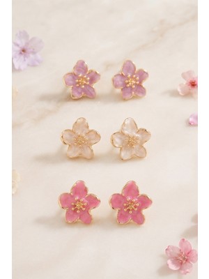 Aurrari Mor Pembe Sakura Çiçek 3'lü Set Küpe